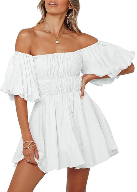 202405111559 Womens Off The Shoulder Summer Dresses 2024 Short Lantern Sleeve Ruffle Elastic Waist A-Line Casual Mini Dress