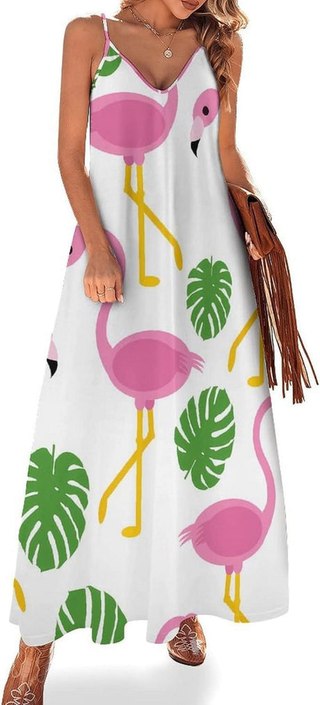 Women's Summer Flamingo Printed Sleeveless Dress Spaghetti Strap Boho Tropical Summer Maxi Dress