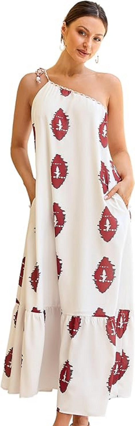 Womens Summer Maxi Dresses: One Shoulder Midi Dresses Boho Beach Vacation Long Sundress with Pockets