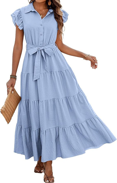 Women's Summer Casual Dresses 2024 Cap Ruffle Sleeve V Neck Button Belted Tiered Boho Maxi Dress with Pockets