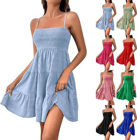 202405111120 Women Summer Dresses Square Neck Spaghetti Strap Dress Casual Sleeveless Smocked Sundress A Line Tiered Beach Dress