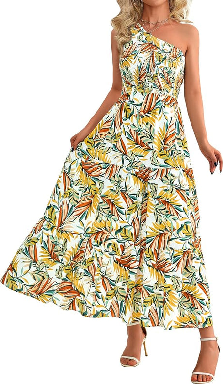 202405111158 Women Summer Dresses 2024 Sexy One Shoulder Sleeveless Smocked Floral Print Boho Flowy Swing Beach Maxi Dress