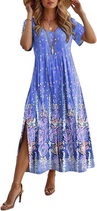 202405131941 Women's Smocked Elastic Waist Tiered Midi Dress Short Sleeve Swing Summer Maxi Beach Sundress with Hem Side Split