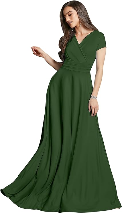 202405141023 Womens Sexy Cap Short Sleeve V-Neck Flowy Cocktail Gown
