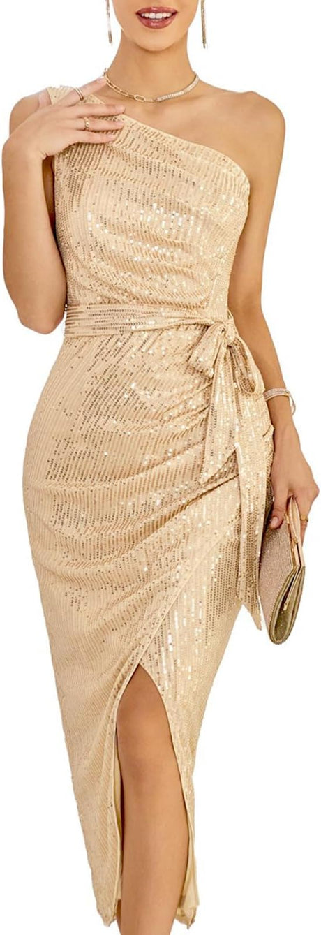 202405151704 collections title long Women Sleeveless One Shoulder Sequin Dress Sparkly Glitter Wrap Dress Cocktail Wedding Maxi Dresses with Slit