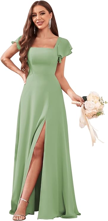 Women's Chiffon Bridesmaid Dresses Ruffle Sleeve A Line Long Evening Formal Party Dress with Slit