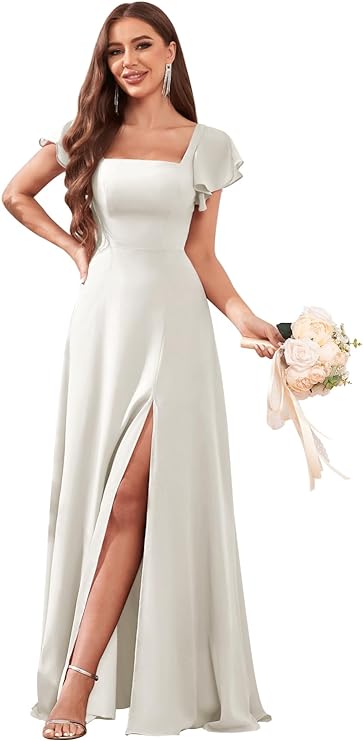 Women's Chiffon Bridesmaid Dresses Ruffle Sleeve A Line Long Evening Formal Party Dress with Slit
