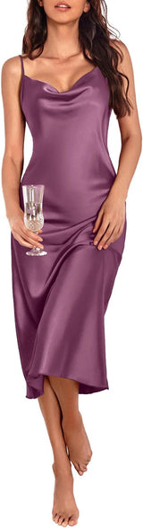Womens Satin Nightgown Sexy Lingerie Sleepwear Spaghetti Strap Cowl Neck Elegant Long Slip Satin Silk Midi Dress