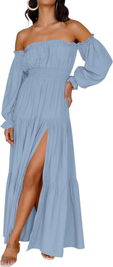 Women's 2024 Boho Sexy Off Shoulder Long Sleeve Smocked High Waist Side Split Flowy A Line Tiered Long Maxi Dress