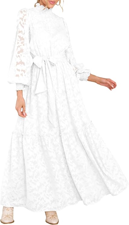 MITILLY Women's Fall Dresses Elegant Floral High Neck Long Sleeve Elastic Waist Formal Maxi Dress with Belt