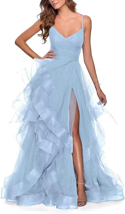 Glittery Tulle Ball Gowns with Slit V-Neck Prom Dresses Spaghetti Straps Elegant Formal Evening Dresses for Women