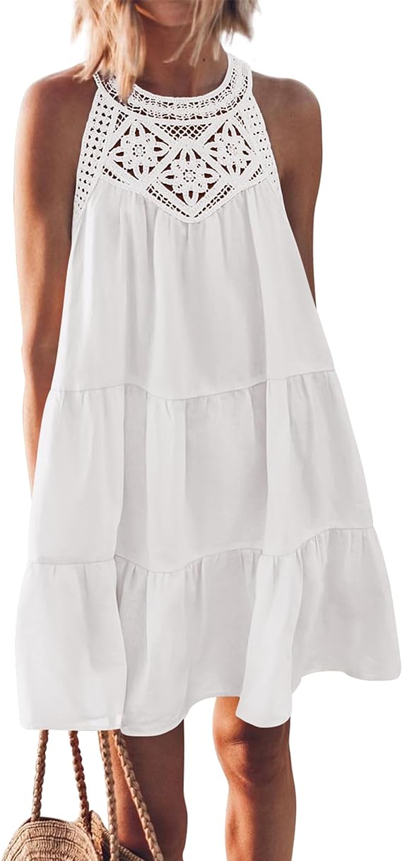 Women's Summer Hollow Out Halter Dresses Casual Sleeveless A-Line Tiered Swing Sundress Beach Vacation Mini Dress