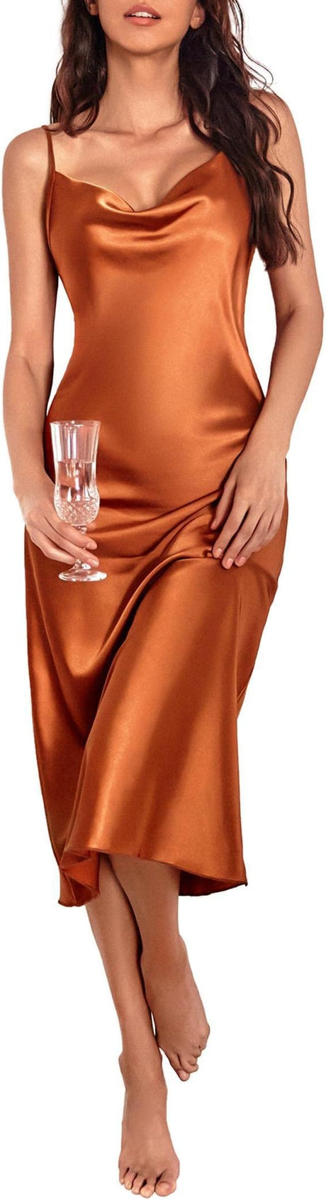 Womens Satin Nightgown Sexy Lingerie Sleepwear Spaghetti Strap Cowl Neck Elegant Long Slip Satin Silk Midi Dress