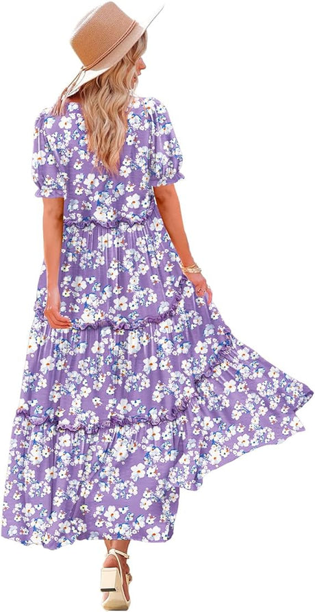 Summer Casual Bohemian Floral Dresses for Women 2024 Puff Short Sleeve Long Maxi Dress with Pockets ETX