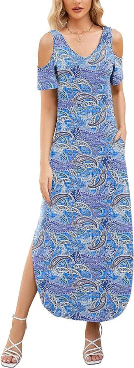 202405111155 Maxi Dress for Women Casual Summer V Neck Cold Shoulder Short Sleeve Split Long Beach Dresses with Pockets