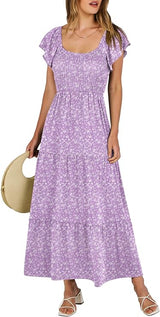 Women's 2024 Summer Casual Flutter Short Sleeve V Neck Smocked Elastic Waist Tiered A Line Maxi Dress