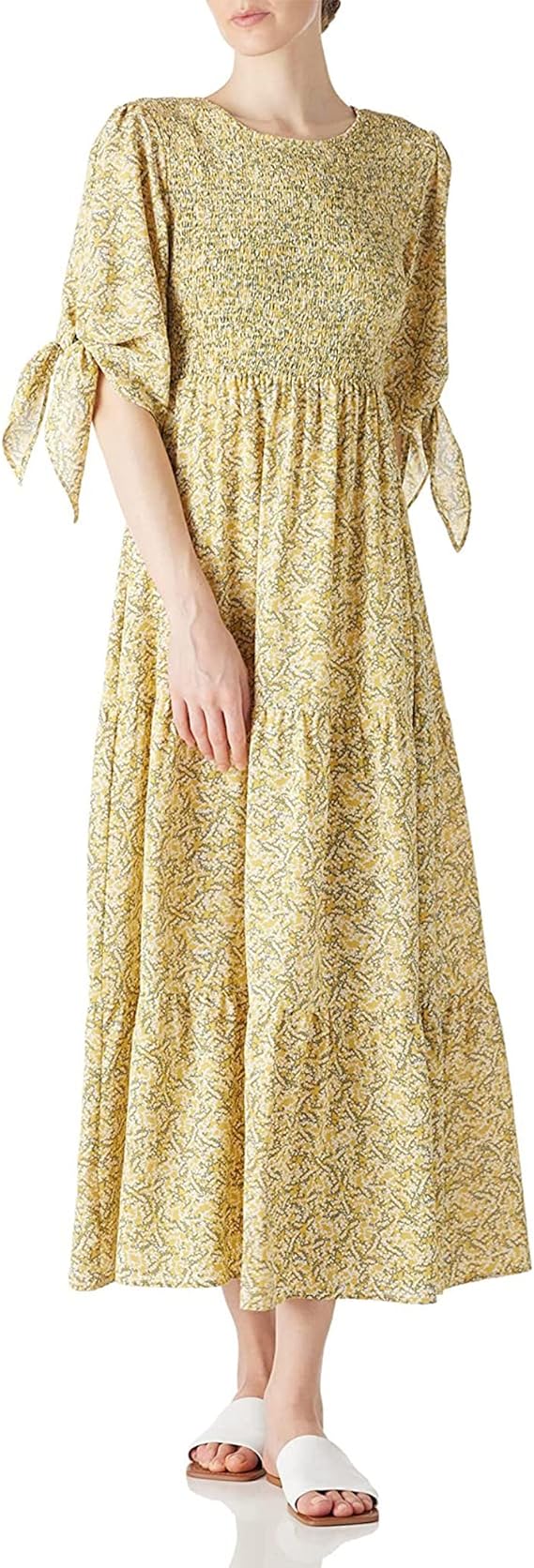 LUSMAY Women's Casual Tie 3/4 Sleeve Floral Maxi Dresses Summer Party Smocked Long Dress