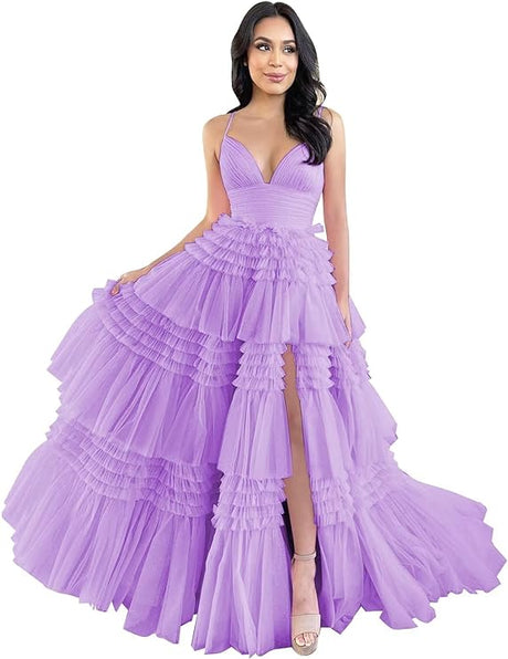 202405170943 Tiered Tulle Prom Dresses Long Ruffles Ball Gowns Glitter Formal Evening Party Gowns with Slit
