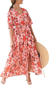Women Summer Loose Boho Wrap V Neck Short Sleeve Floral Long Flowy Maxi Beach Wedding Guest Spring Dresses 2024