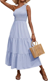 Women One Shoulder Summer Dresses 2024 Sleeveless Casual High Waist Floral Flowy Beach Boho Smocked Maxi Dress