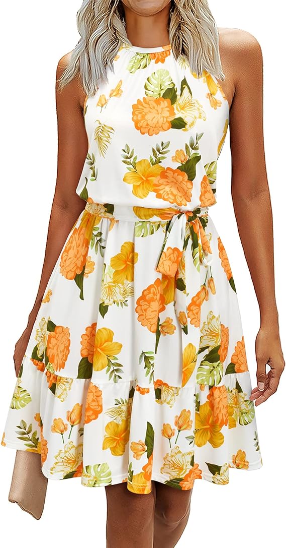 Women's 2024 Summer Dress Halter Casual Beach Vacation Outfits Hawaiian Dresses Ruffle Belted Sundress with Pockets