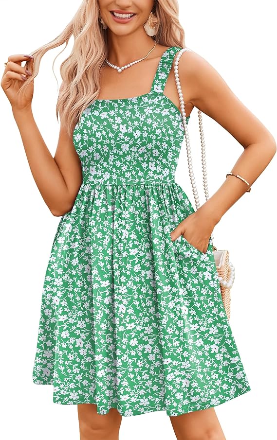 Women's Summer Dress Floral Square Neck Sleeveless Casual Dress with Pockets A-line Swing Mini Dresses Sundress