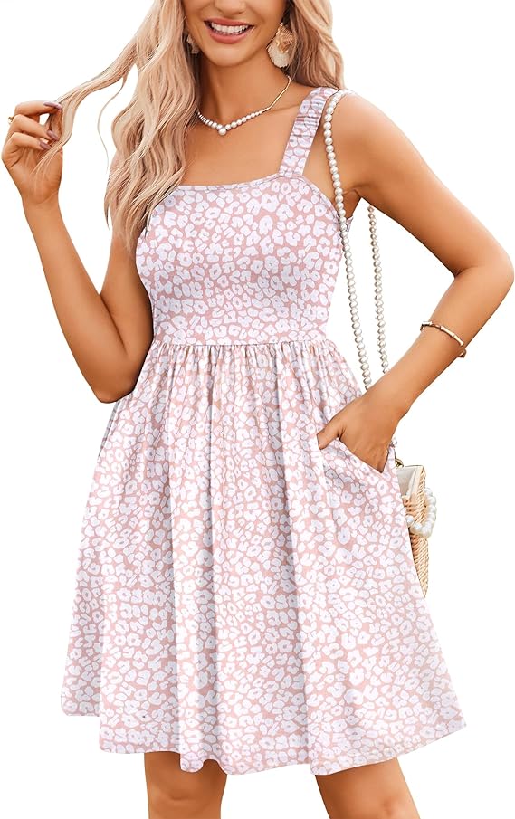 Women's Summer Dress Floral Square Neck Sleeveless Casual Dress with Pockets A-line Swing Mini Dresses Sundress