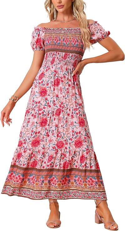 Boho Smocked Dress for Women's Off-Shoulder Maxi Floral Dress