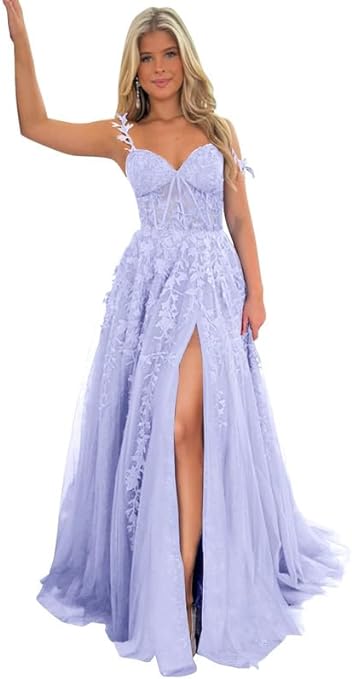 Long Prom Dress V-Neck Lace Appliques 2024 Formal Evening Party Dress with Slit