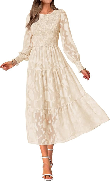 202405151027 Casual Women's 2024 Fall Dresses Elegant Wedding Guest Dress Long Sleeve Floral Midi Dress Flowy Bohemian Long Dress