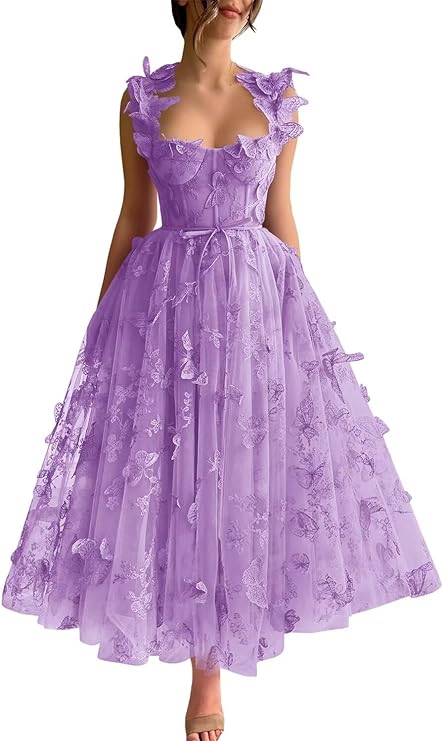 Tulle Tea Length Prom Dress Butterfly 3D Lace Appliques for Women Formal Party Dress