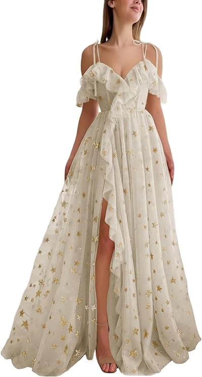 2024052012120 Tulle Cold Shoulder Long Sparkly Prom Dress Starry Ruffle Hem Slit Formal Party Dress
