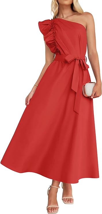 Women's Summer One Shoulder Ruffle Dress 2024 Sleeveless Empire Waist Boho Flowy Maxi Dresses
