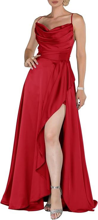 202405201804  Satin Bridesmaid Dresses 2023 Spaghetti Straps Ruched Backless High Slit Long Prom Dresses for Women