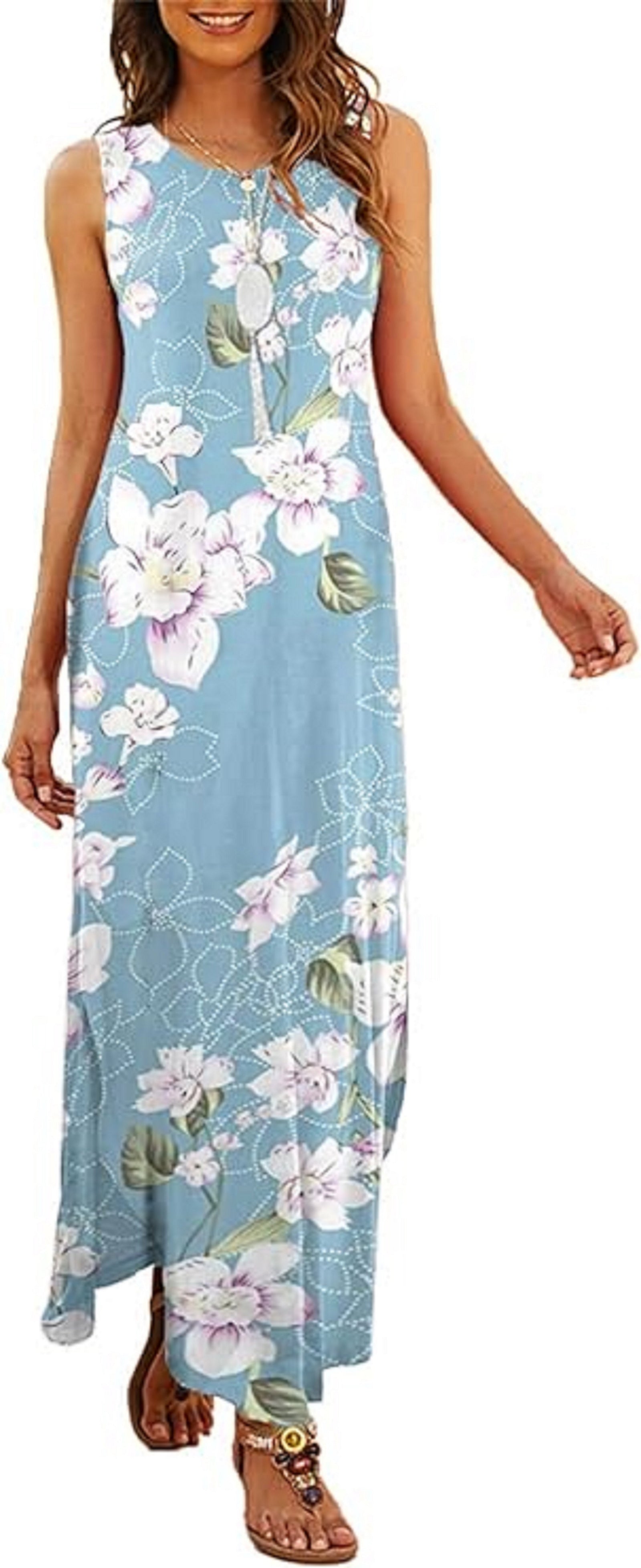 202404261417 Women's Casual Summer Sleeveless Dress Loose Split Maxi Dresses with Pockets