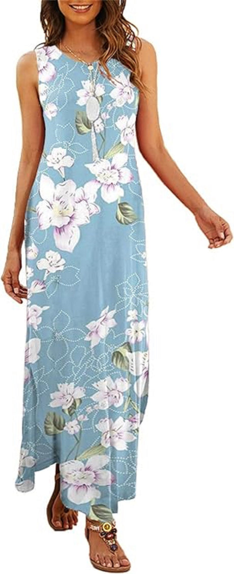 202404261417 Women's Casual Summer Sleeveless Dress Loose Split Maxi Dresses with Pockets