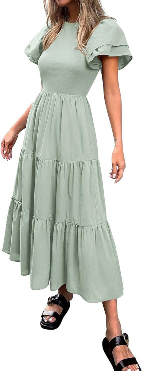 Women Casual Summer Dresses Crewneck Flutter Puff Short Sleeve Elastic Waist Flowy Aline Tiered Maxi Dress Pockets
