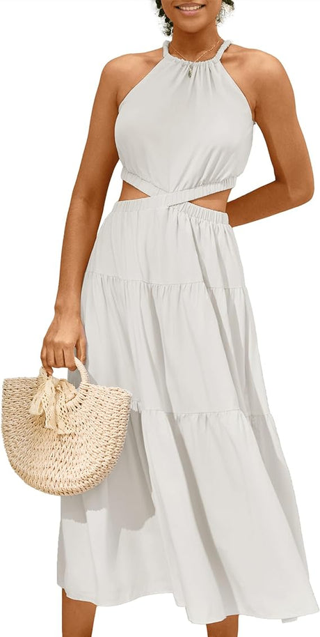 Women's 2024 Summer Maxi Dresses Casual Sleeveless Halter Neck Cut Out Tiered Beach Vacation A-Line Flowy Sun Dress