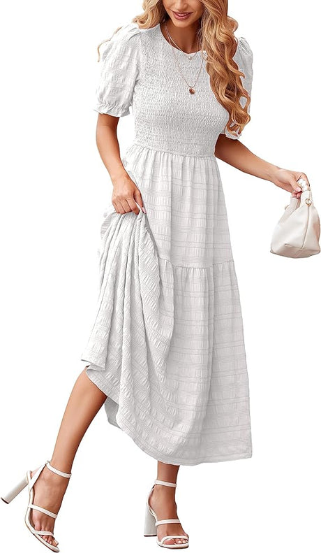 Women Summer Dresses 2024 Casual Puff Short Sleeve Crewneck Smocked Flowy Ruffle Boho Beach Party Maxi Dress