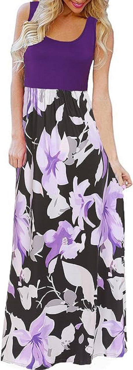 202404261414 Women's Summer Boho Sleeveless Floral Print Tank Long Maxi Dress (S-3XL)
