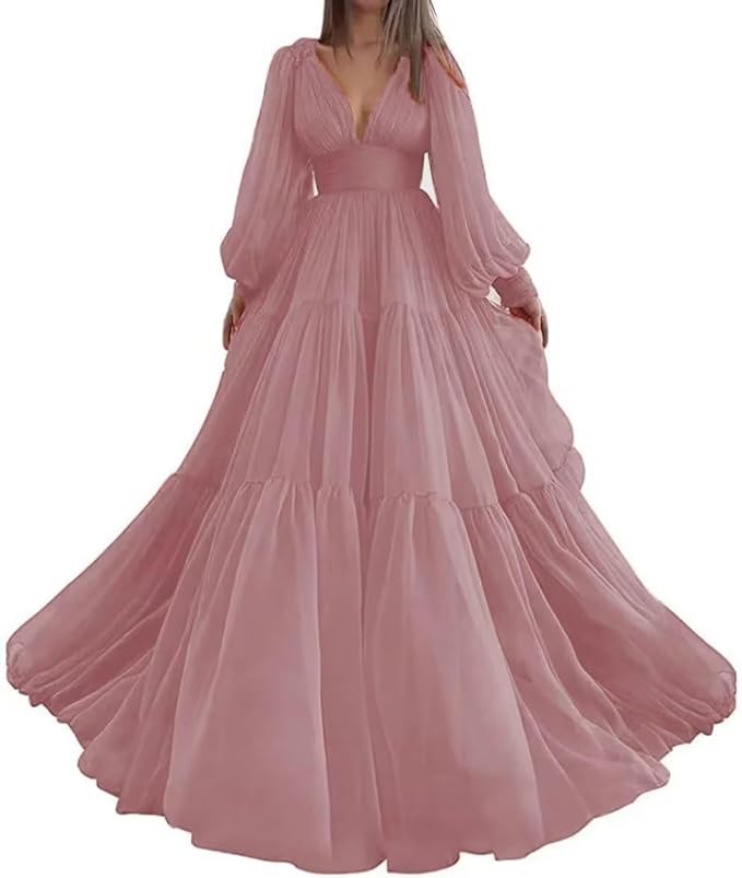 Long Puffy Sleeve Prom Dresses V Neck Long Ball Gown