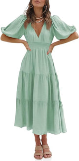Women's Deep V Neck Puff Half Sleeve Midi Dress Summer Tiered A Line Boho Long Maxi Dress