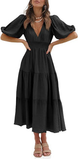 Women's Deep V Neck Puff Half Sleeve Midi Dress Summer Tiered A Line Boho Long Maxi Dress