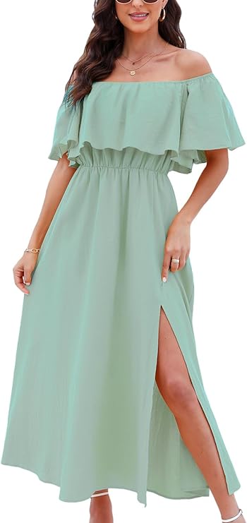 Women's Dresses for Summer A Line Dresses Off Shoulder Ruffle Maxi Tropical Printed Dress