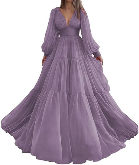 Long Puffy Sleeve Prom Dresses V Neck Long Ball Gown