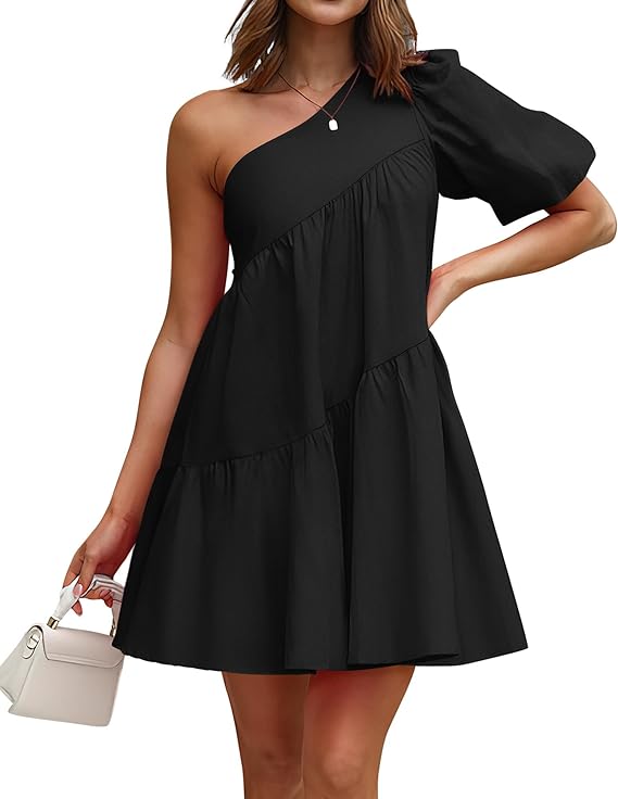 Womens 2024 Summer Casual One Shoulder Mini Babydoll Dress Puff Sleeve Loose Tiered A Line Flowy Short Dresses