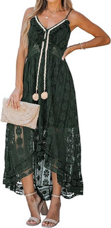 Women's Lace Dresses Boho Tassel V-Neck Flare Ruffle Adjustable Straps Beach Summer Maxi Dress