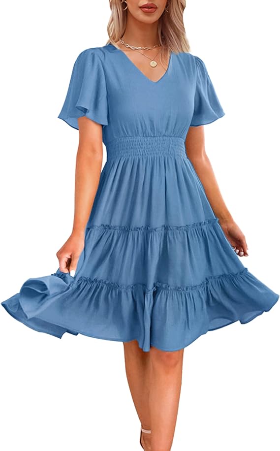 Women 2024 Short Sleeve Summer Dress V Neck Smocked Waist Casual Flowy A Line Tiered Work Midi Dresses