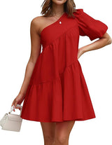 Womens 2024 Summer Casual One Shoulder Mini Babydoll Dress Puff Sleeve Loose Tiered A Line Flowy Short Dresses