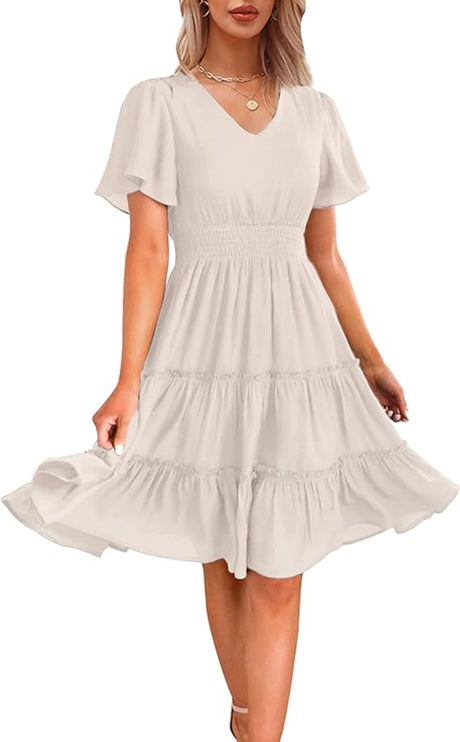 Women 2024 Short Sleeve Summer Dress V Neck Smocked Waist Casual Flowy A Line Tiered Work Midi Dresses